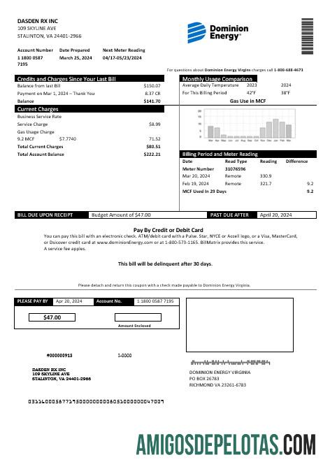Em branco modelo de conta de serviços públicos da USA Dominion Energy em formatos Word e PDF
